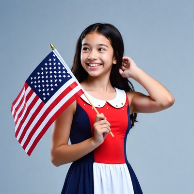 Asian girl holding American flag