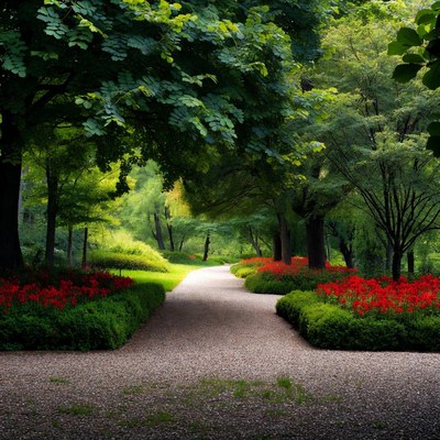 Gravel Path Through Lush Garden Trees