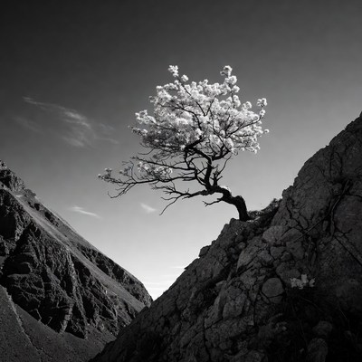 Solitary White Tree on Rocky Mountain Cliff