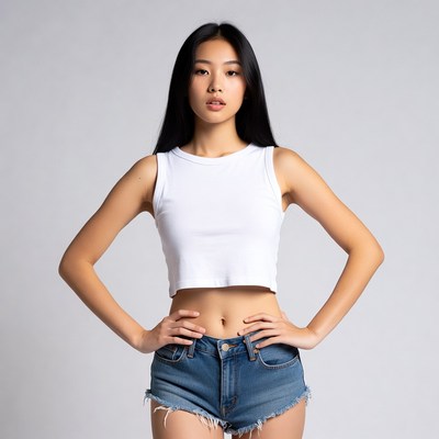 Asian woman in white tank top and denim shorts