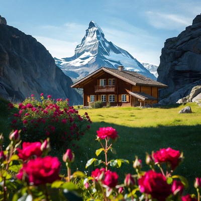 Chalet with Matterhorn and red roses