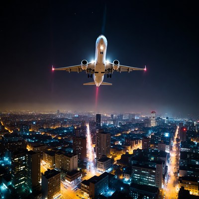 Airplane Flying Over Night City