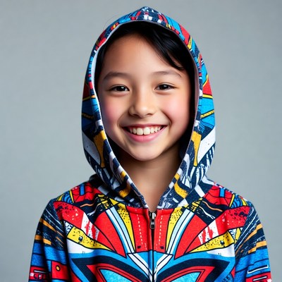 Asian girl smiling in colorful hoodie