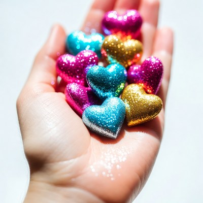 Hand holding colorful glitter hearts