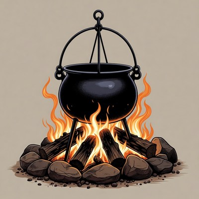 Black Cauldron Over Campfire