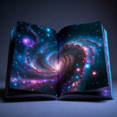 Open book with heart-shaped galaxy
