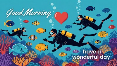 Divers with Fish Good Morning Illustration
