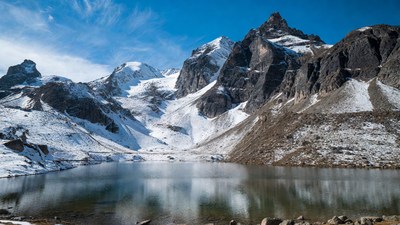 Snowy Mountain Lake with Peaks