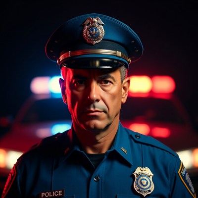 Police officer in front of patrol car