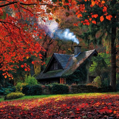 Cozy Cabin in Autumn Forest