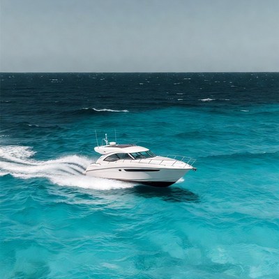 White motor yacht speeding on turquoise ocean
