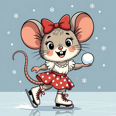 Cute mouse ice skating with snowball