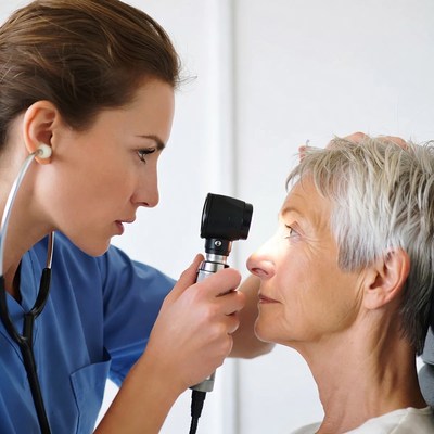 Nurse Examining Elderly Woman's Eyes
