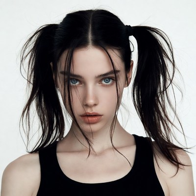 Girl with messy black pigtails