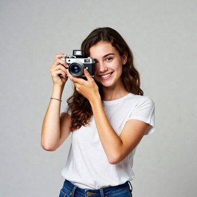 Young woman holding vintage camera