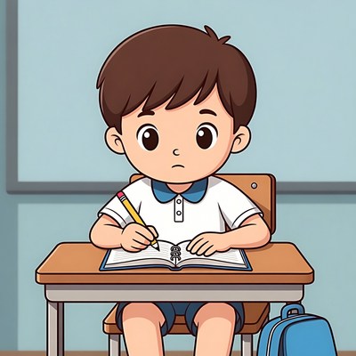 Boy writing at school desk