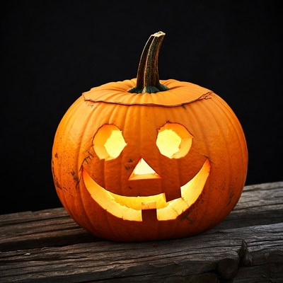 Lit Jack-o'-lantern on wooden surface