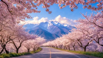Cherry Blossom Road with Mountains