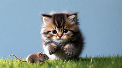 Kitten pouncing on mouse