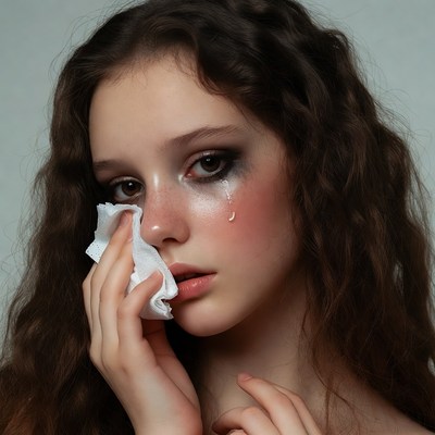 Woman crying wiping tears with tissue