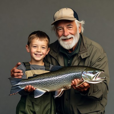 Grandfather and grandson holding trout