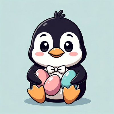 Cute cartoon penguin holding Easter eggs