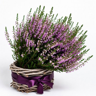 Purple Heather Bouquet in Wicker Basket
