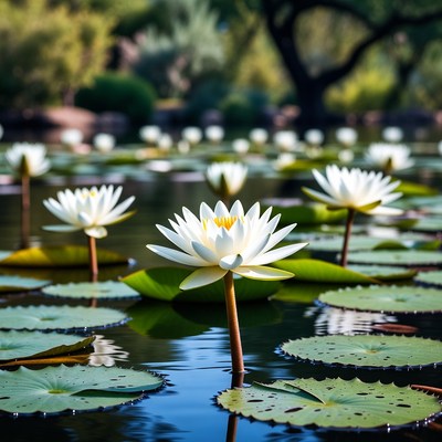 White lotus flowers on pond