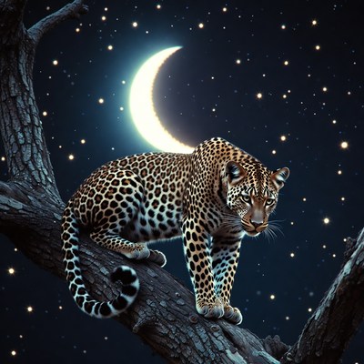 Leopard on Tree Under Moonlit Night