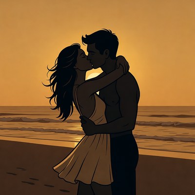 Silhouette couple kissing at sunset beach