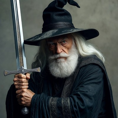 Old wizard holding sword