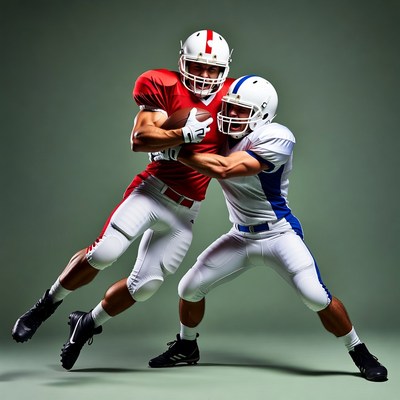 Football players tackling for ball