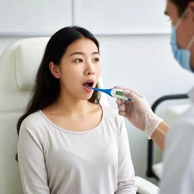Doctor checking Asian woman's temperature
