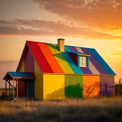 Rainbow Colored House at Sunset