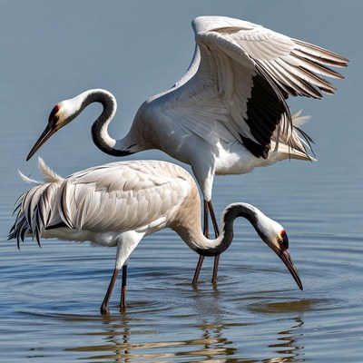 Three White Cranes Standing in Water