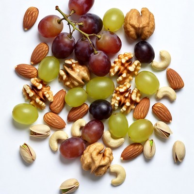 Mixed Nuts and Grapes on White Background