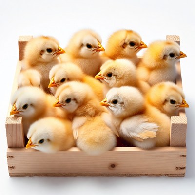 Chicks in wooden crate