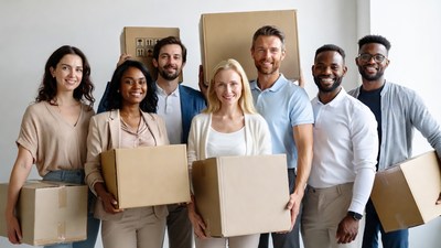 Diverse team holding cardboard boxes