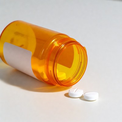 Open orange pill bottle with spilled pills