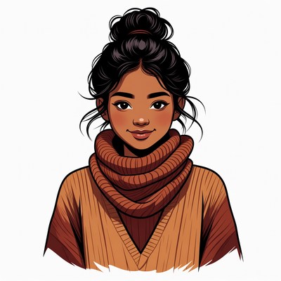 Asian woman in orange turtleneck