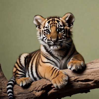 Baby tiger cub on log