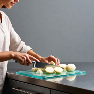Woman chopping onions on cutting board