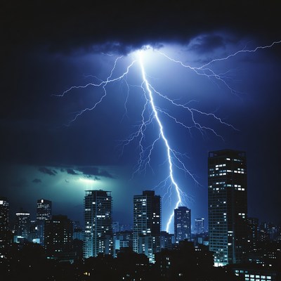 Lightning Storm Over City Skyline