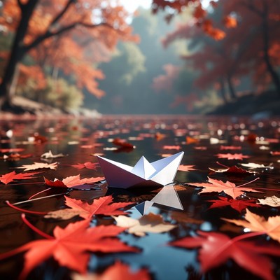 Paper Boat on Autumn Leaves River