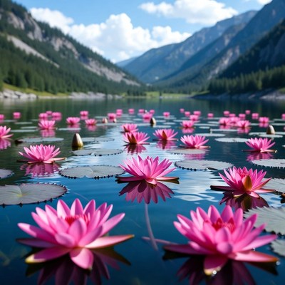 Pink Lotus Flowers in Mountain Lake