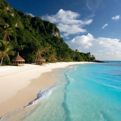 Tropical Beach with Palm Thatch Huts