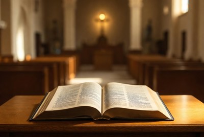 Open Bible on table in church