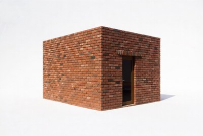 Brick cube building with door