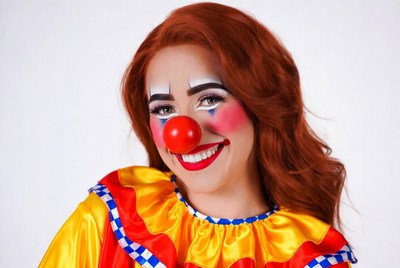 Smiling female clown with red nose