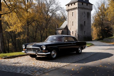 Black Vintage Car Parked by Castle